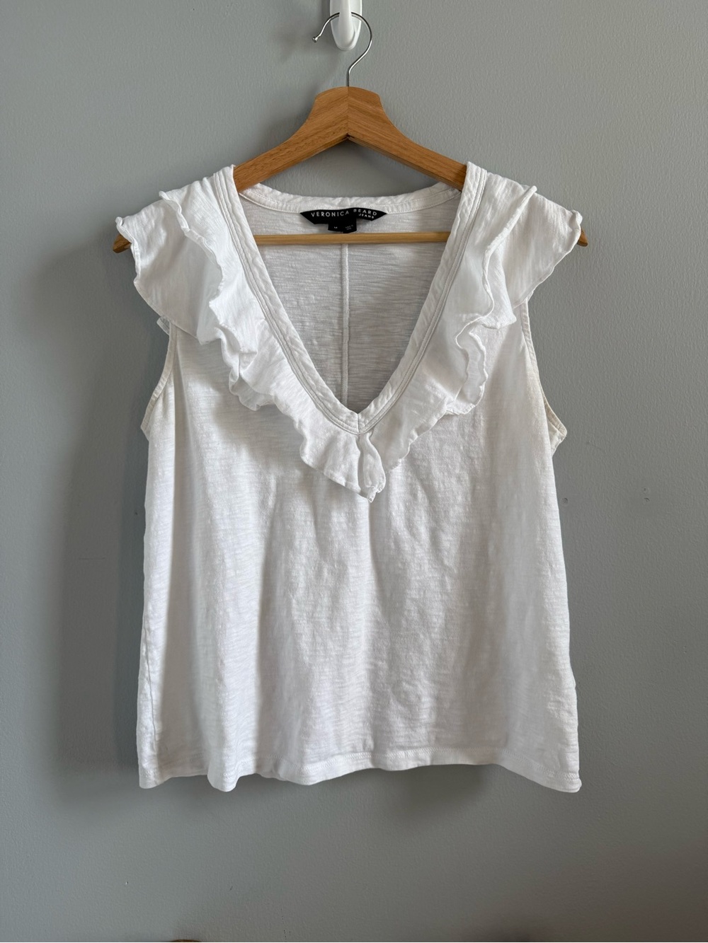 Veronica Beard Ellerie White Ruffle V-Neck Sleeveless Top